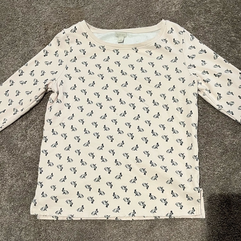 Cream/Light Pink Long-Sleeve Tee with Bunny Rabbit Print - Hinge, Small